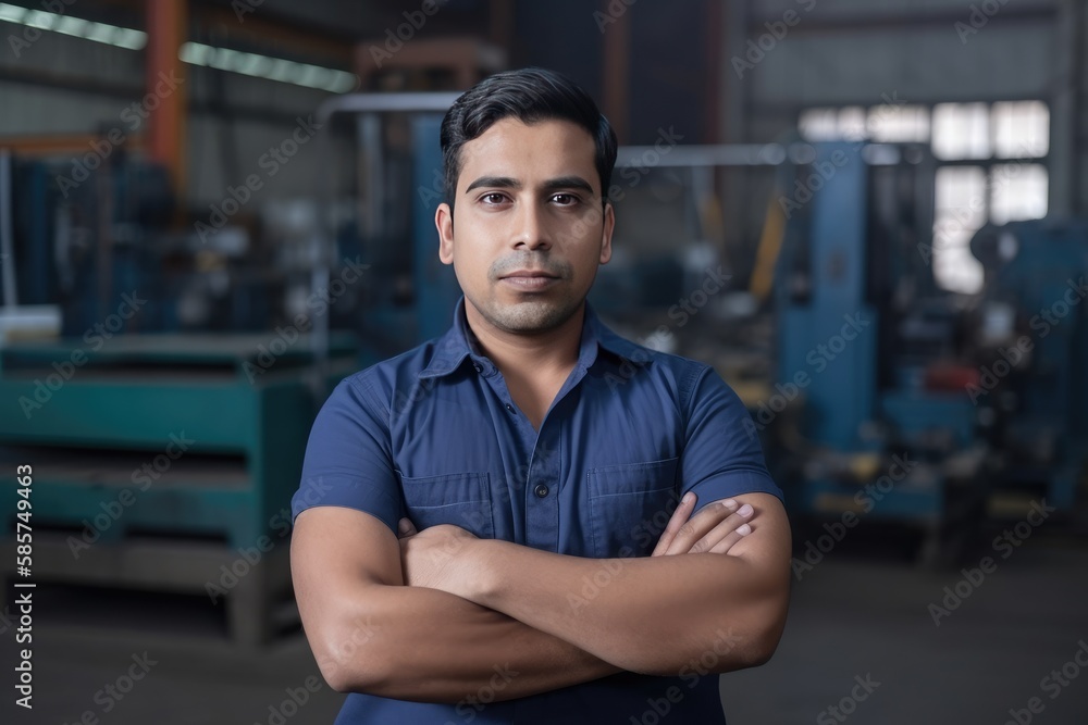 Hispanic factory worker with safety gear and space for text. Generative AI Hispanic factory worker with safety gear and space for text. Generative AI