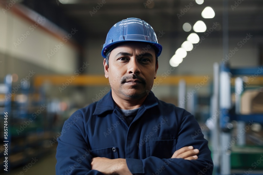 Hispanic factory worker with safety gear and space for text. Generative AI Hispanic factory worker with safety gear and space for text. Generative AI