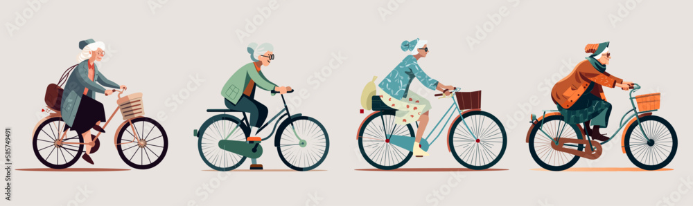 Set of elderly woman rides a bicycles - flat color vector illustration Set of elderly woman rides a bicycles - flat color vector illustration