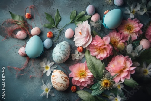 spring-themed table setting with flowers and Easter eggs. Generative AI