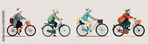 Set of elderly woman rides a bicycles - flat color vector illustration