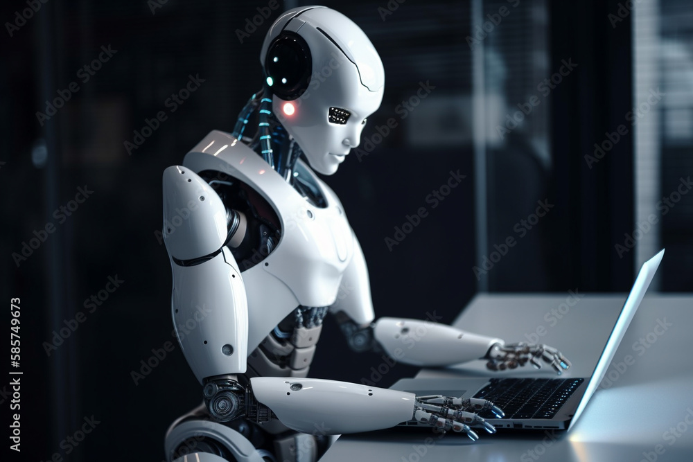 Futuristic humanoid robot, sitting in front of a laptop and texting, representing the concept of artificial intelligence and advanced technology.Ai generated Futuristic humanoid robot, sitting in front of a laptop and texting, representing the concept of artificial intelligence and advanced technology.Ai generated