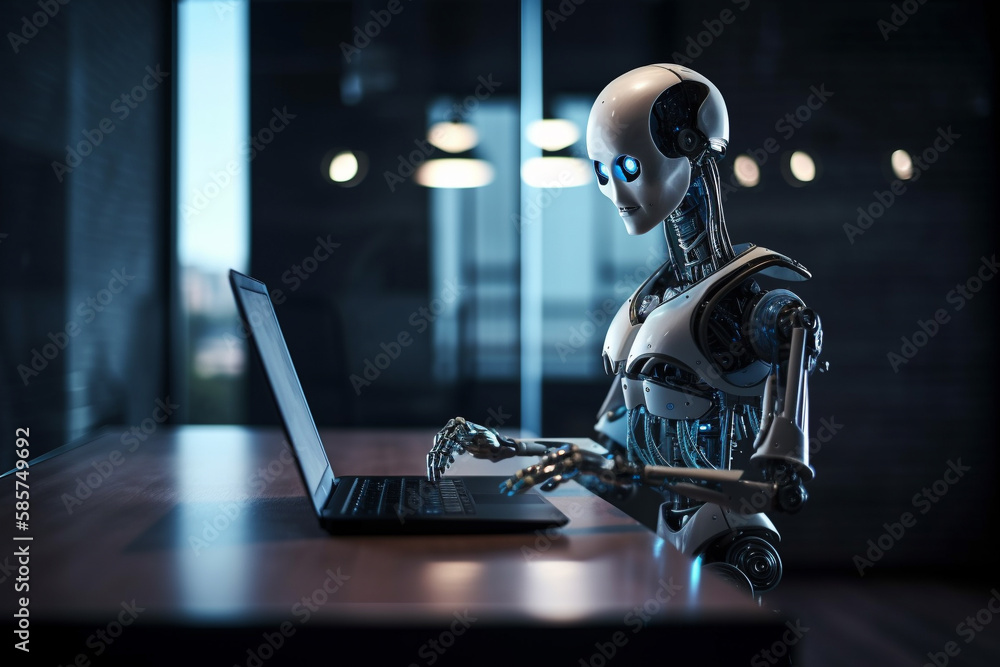 Futuristic humanoid robot, sitting in front of a laptop and texting, representing the concept of artificial intelligence and advanced technology.Ai generated Futuristic humanoid robot, sitting in front of a laptop and texting, representing the concept of artificial intelligence and advanced technology.Ai generated