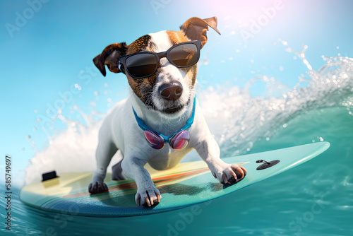 Jack russell dog surfing on a wave.Sunny day. Summer concept. AI generative. © chandlervid85
