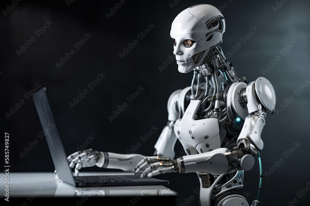 Fototapeta premium Futuristic humanoid robot, sitting in front of a laptop and texting, representing the concept of artificial intelligence and advanced technology.Ai generated