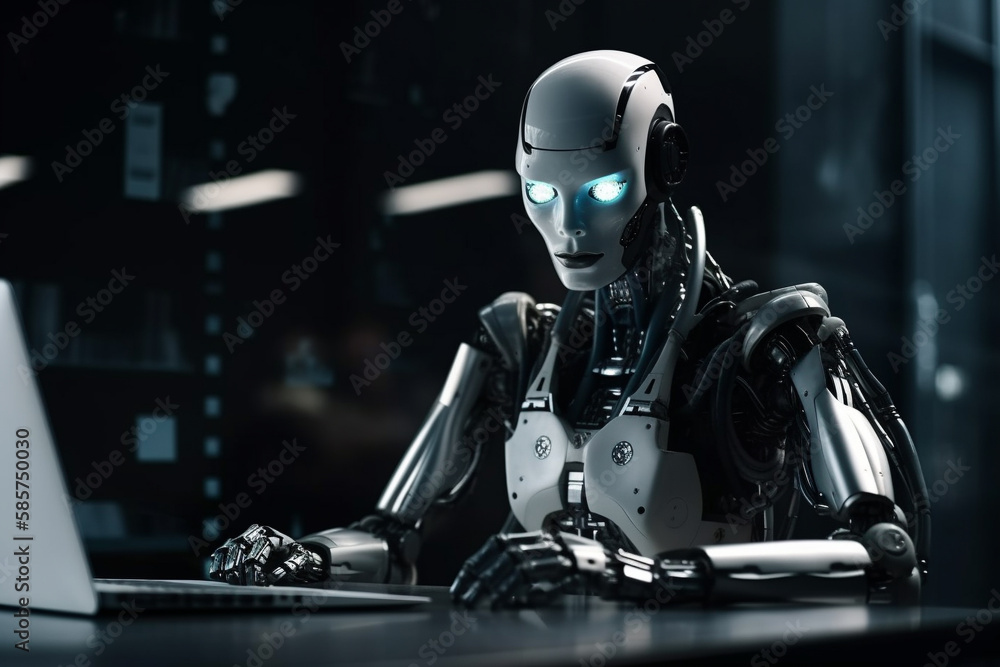 Futuristic humanoid robot, sitting in front of a laptop and texting, representing the concept of artificial intelligence and advanced technology.Ai generated