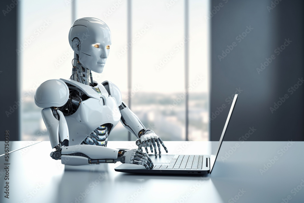 Futuristic humanoid robot, sitting in front of a laptop and texting, representing the concept of artificial intelligence and advanced technology.Ai generated Futuristic humanoid robot, sitting in front of a laptop and texting, representing the concept of artificial intelligence and advanced technology.Ai generated