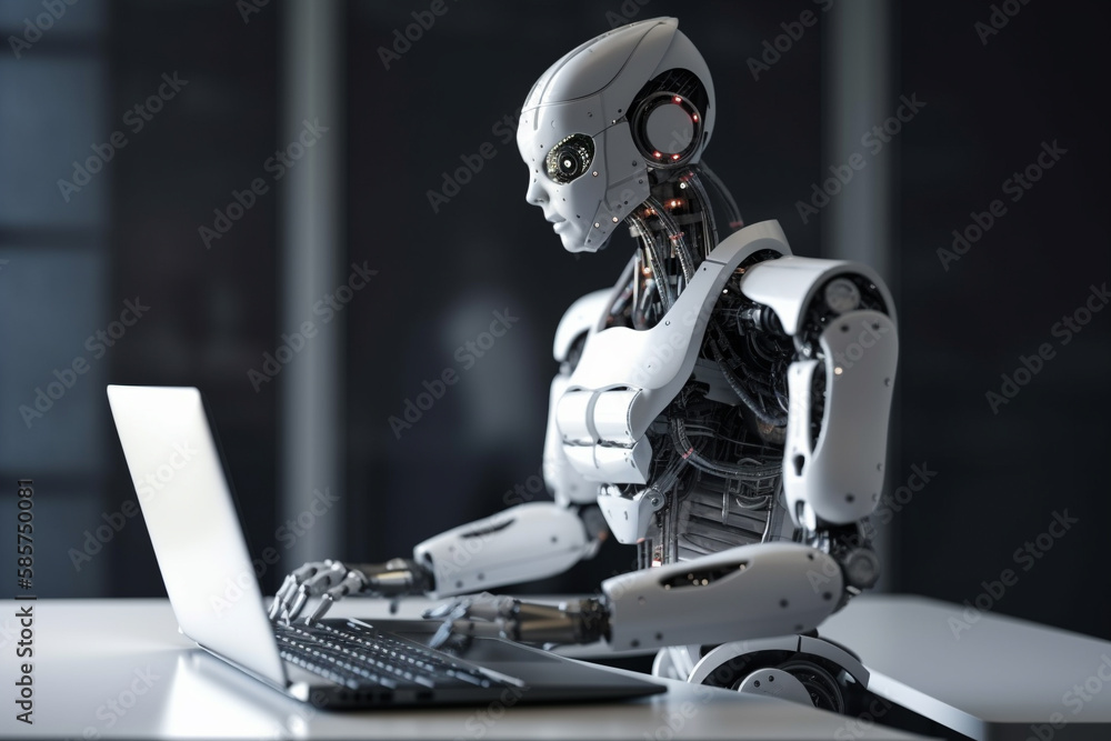 Futuristic humanoid robot, sitting in front of a laptop and texting, representing the concept of artificial intelligence and advanced technology.Ai generated Futuristic humanoid robot, sitting in front of a laptop and texting, representing the concept of artificial intelligence and advanced technology.Ai generated