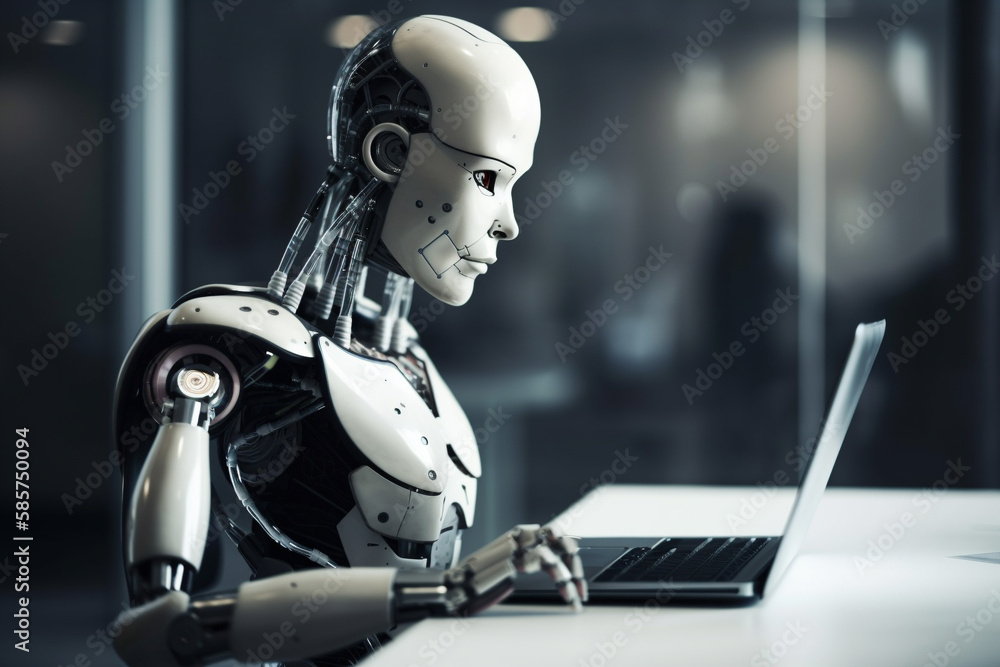 Futuristic humanoid robot, sitting in front of a laptop and texting, representing the concept of artificial intelligence and advanced technology.Ai generated Futuristic humanoid robot, sitting in front of a laptop and texting, representing the concept of artificial intelligence and advanced technology.Ai generated