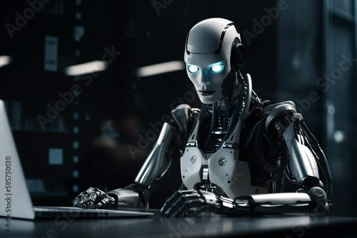 Futuristic humanoid robot, sitting in front of a laptop and texting, representing the concept of artificial intelligence and advanced technology.Ai generated