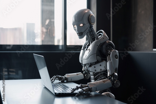 Futuristic humanoid robot, sitting in front of a laptop and texting, representing the concept of artificial intelligence and advanced technology.Ai generated