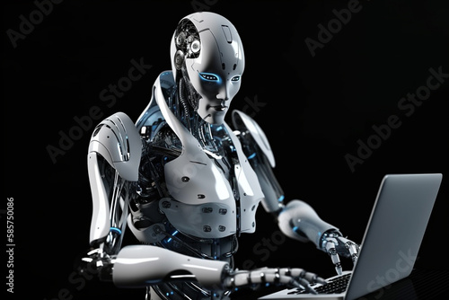 Futuristic humanoid robot, sitting in front of a laptop and texting, representing the concept of artificial intelligence and advanced technology.Ai generated