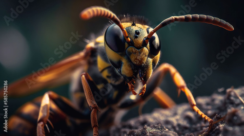 Wasp close-up on blurred background, generative AI