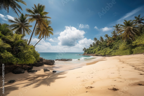 An idyllic beach and ocean landscape on a tropical island with palm trees and coconut trees with sunlight, generative AI