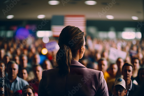Photo Politic woman girl candidate speaks stage rostrum, agitating to vote for team, crowd voters backdrop United States of America flags