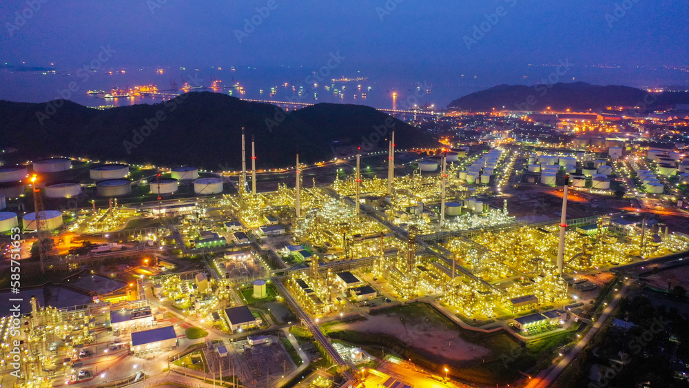 Aerial view of twilight petrochemical oil refinery plants, oil and gas ...