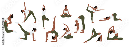 12 black girls set doing yoga stretching meditation in different poses in white green clothes on white background for banners stickers apps