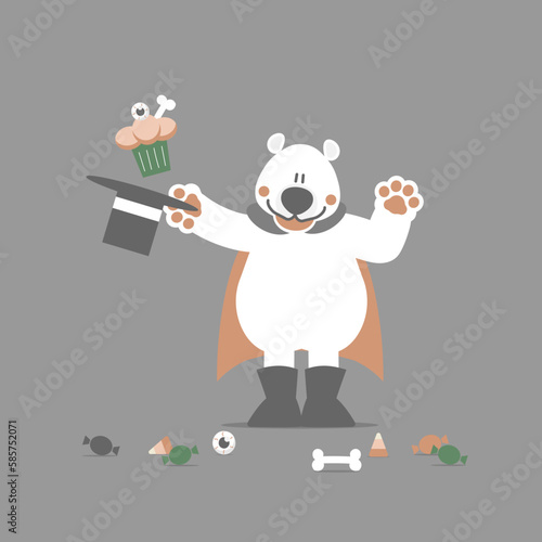 happy halloween with polar bear, skull, cupcake and sweet candy, flat vector illustration cartoon character design