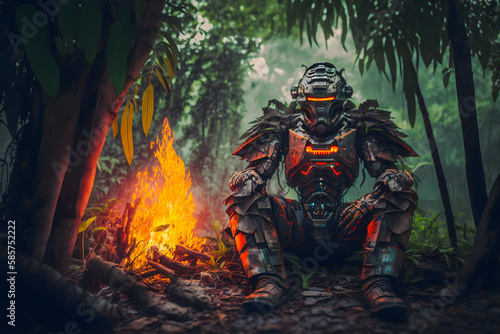 Alone humanoid robot is warming up by a fire on a desert island in a rainforest jungle. The concept of technology survival in difficult conditions of natural selection. Generative AI
