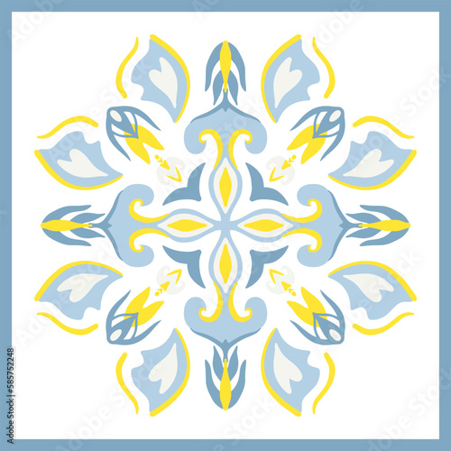 Traditional ornate portuguese decorative tiles azulejos. Abstract background. Vector hand drawn illustration, typical portuguese tiles, floral patchwork design. Moroccan or Mediterranean square tiles
