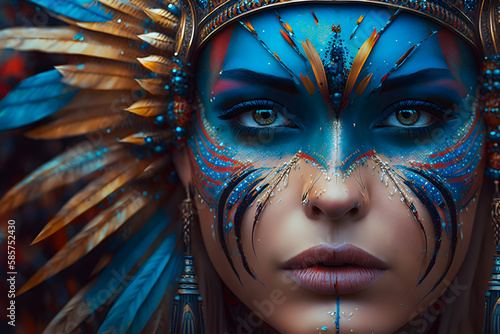 Woman in traditional indian face painting and headdress. Generative AI