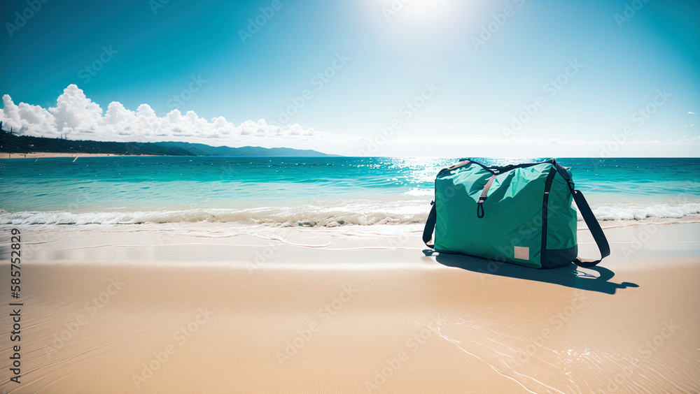green holiday travel bag laying on the sand beach wit view at ocean, generative AI green holiday travel bag laying on the sand beach wit view at ocean, generative AI