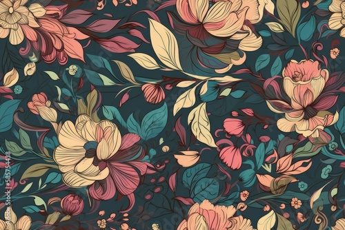 colorful floral wallpaper pattern with various flowers and leaves. Generative AI