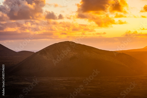 Amazing sunset over El Cuervo Volcano  in Lanzarote  Canary Islands   Spain