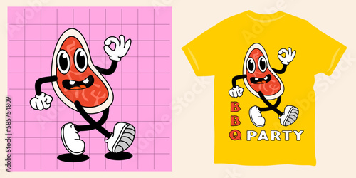 groovy meat retro mascot design t-shirt bbq party