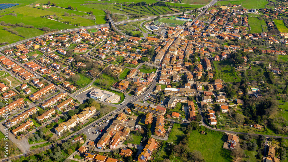 Aerial view of Monterosi, a municipality in the Province of Viterbo in the Italian region Lazio, Italy. It is located halfway through between Rome and Viterbo along the Via Cassia.