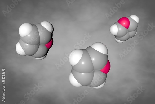 Furan, a five membered heterocyclic compound. Space-filling molecular model. 3d illustration photo