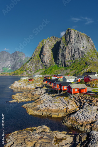 The little fishermen village with red houses of Hamnoy, in the Lofoten Islands,  Norway photo
