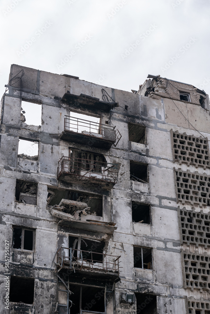 destroyed and burned houses in the city Russia Ukraine war