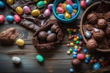 table filled with colorful Easter treats such as chocolate eggs and candies. Generative AI