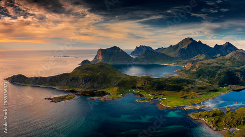 Amazing panorama of the Lofoten Islands sunset from Offersoykammen mount trail, Norway