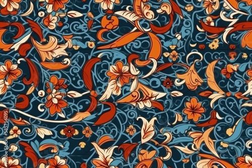 vibrant floral pattern with a blue background and orange and red flowers. Generative AI