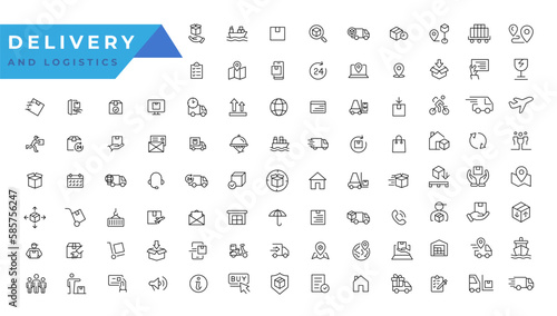 Logistics icon set. Containing distribution, shipping, transportation, delivery,  export and import icons. Delivery line icons set. Shipping icon collection Vector