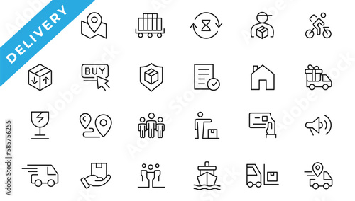 Logistics icon set. Containing distribution, shipping, transportation, delivery,  export and import icons. Delivery line icons set. Shipping icon collection Vector