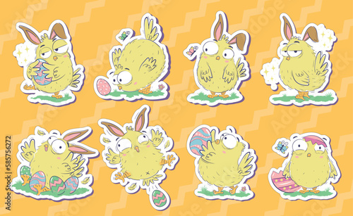 Bundle of stickers of funny chicks with easter eggs and bunny ears in doodle sketch style ready to print. Hand drawn horizontal banner with funny domestic birds