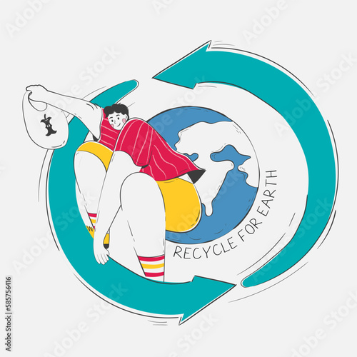 Man Gliding on Recycling Symbol, Journeying Across the Globe carries a bag of leftover food for recycling