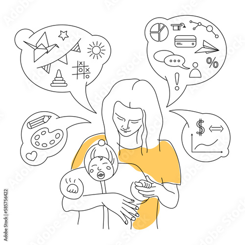 Woman freelancer working from home with child. Freelance, mothers day concept. Vector Line art person illustration