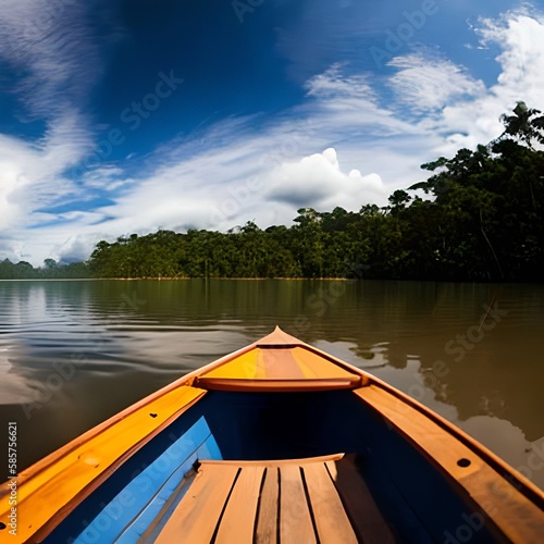 Simple Wooden Boat on the Amazon River - Generative AI