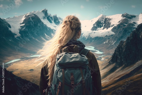A girl with a backpack and a jacket on the background of mountains and a lake, rear view, travel and tourism. AI generated