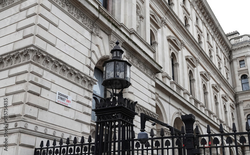 A low angle view of the entrance to Downing Street, Westminster, London, UK.  photo