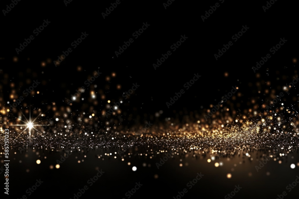 Beautiful black abstract background with sparkles and copy space. Backdrop with golden glitter, sequins. Celebration, festive, event. Bokeh effect. Trendy design. Generative AI.