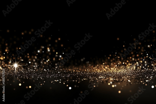 Beautiful black abstract background with sparkles and copy space. Backdrop with golden glitter, sequins. Celebration, festive, event. Bokeh effect. Trendy design. Generative AI.