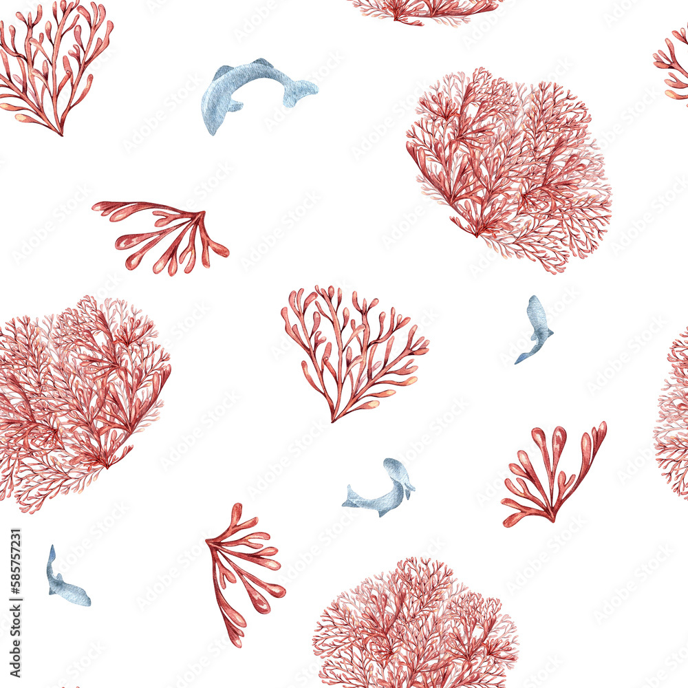 Seamless pattern of sea plants, coral watercolor isolated on white background. Pink agar agar seaweed and fish hand drawn. Design element for package, textile, paper, wrapping, marine collection