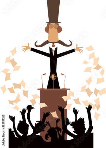 Man stays on the tribune in front the crowd of the people and makes a speech. 
Mustache man in the top hat stays on the tribune in front the crowd of the people and makes a speech
