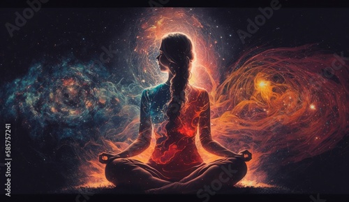 Woman sitting in yoga lotus pose and her connection to space. Postproducted generative AI digital illustration.