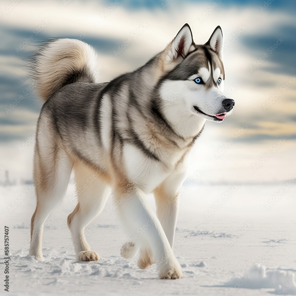 Husky precioso y elegante en alta calidad disfrutando de la belleza natural de un majestuoso paisaje invernal nevado. Creado mediante el uso de IA.